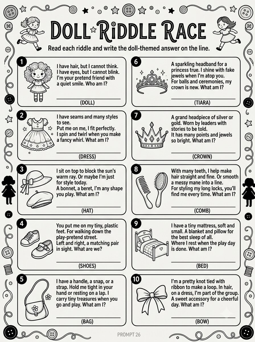 Doll Riddle Race — riddle activity with 10 illustrated clues and blank answer lines